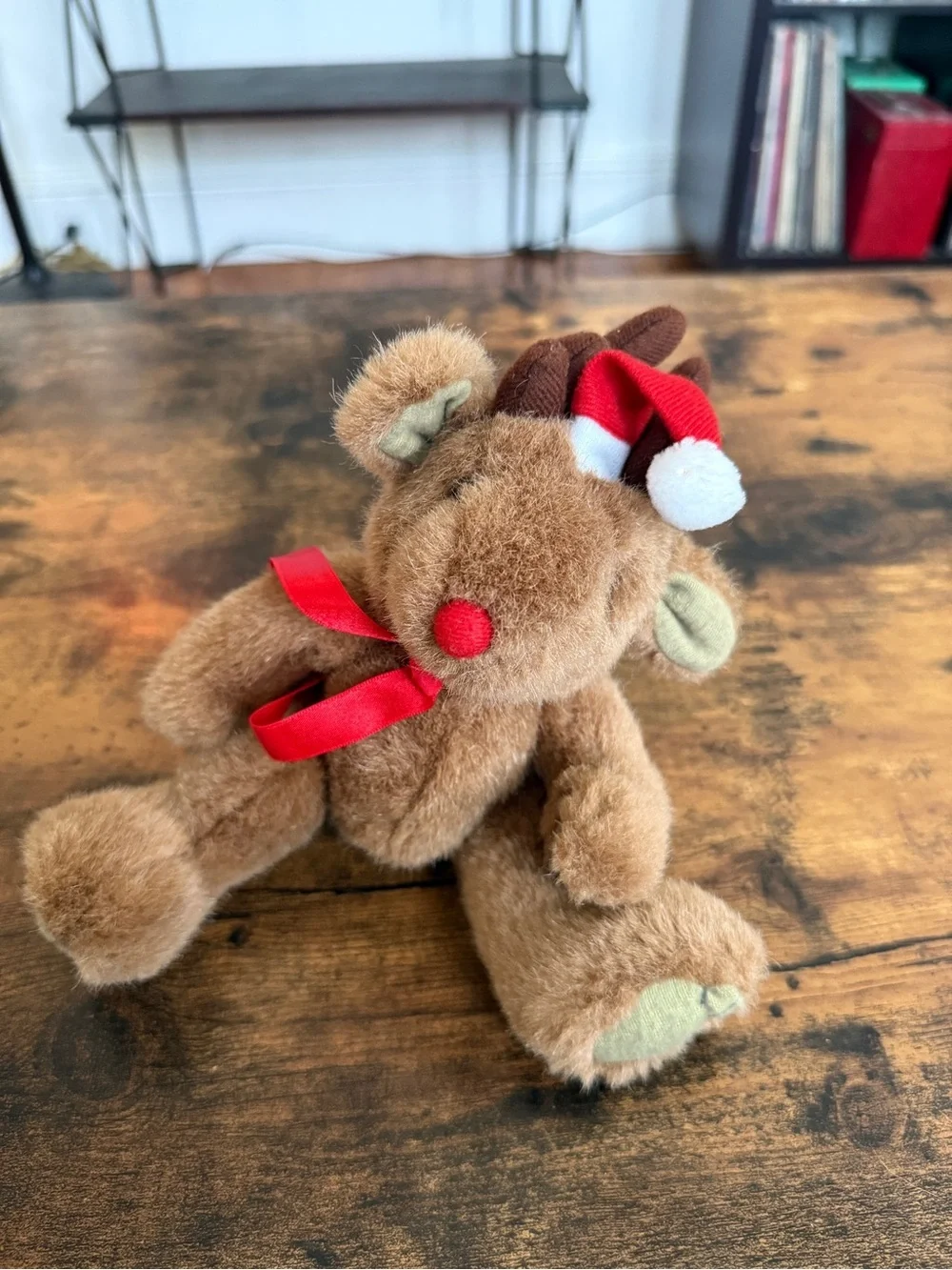 Plush Brown Reindeer Toy with Red Scarf and Santa Hat vintage